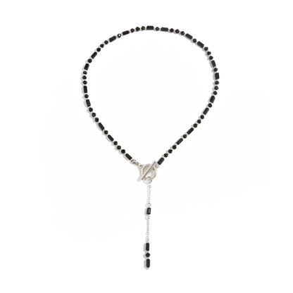 Black Acrylic and Silvertone Drop Toggle Necklace, dainty minimalist design, front view