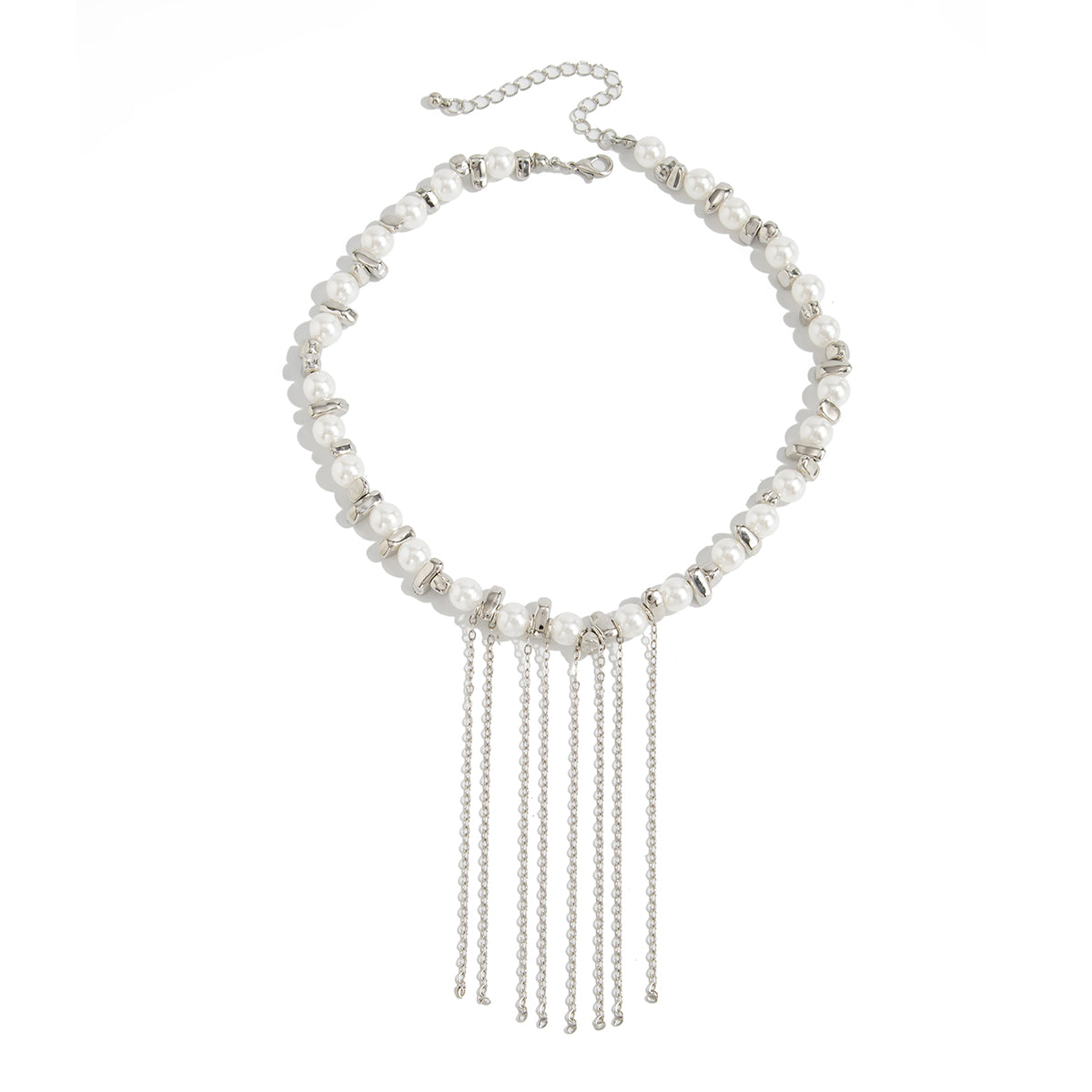 Pearl and Pearl Silvertone Irregular Bead Chain Tassel Necklace, vintage-inspired design, front view