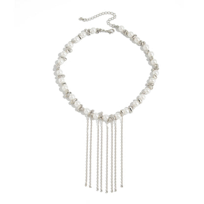 Pearl and Pearl Silvertone Irregular Bead Chain Tassel Necklace, vintage-inspired design, front view