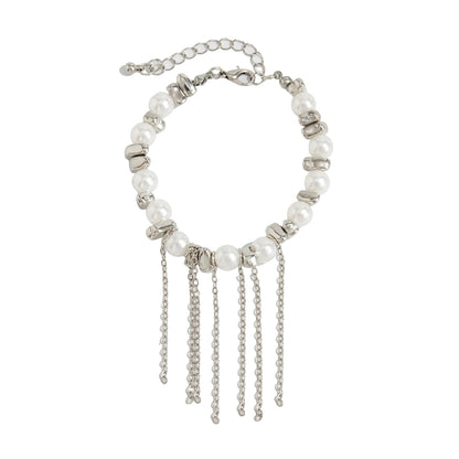 Pearl and Silvertone Tassel Beads Link Bracelet, silver bracelet for women, elegant gift for her, front view