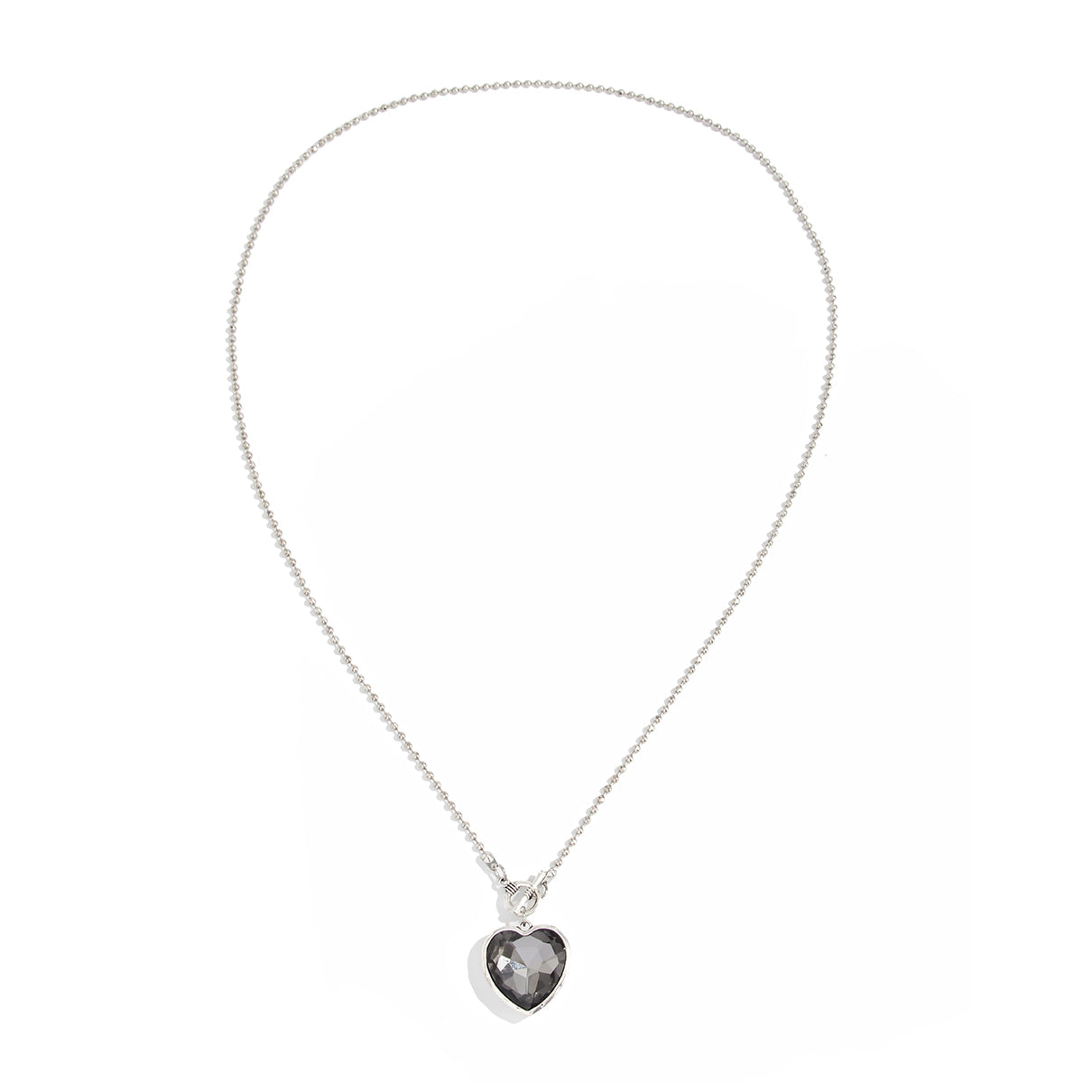 Crystal and Silvertone Heart Pendant Ball Chain Toggle Necklace, elegant gift for her, front view