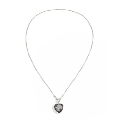 Crystal and Silvertone Heart Pendant Ball Chain Toggle Necklace, elegant gift for her, front view
