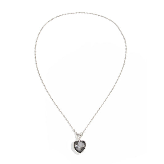 Crystal and Silvertone Heart Pendant Ball Chain Toggle Necklace, elegant gift for her, front view