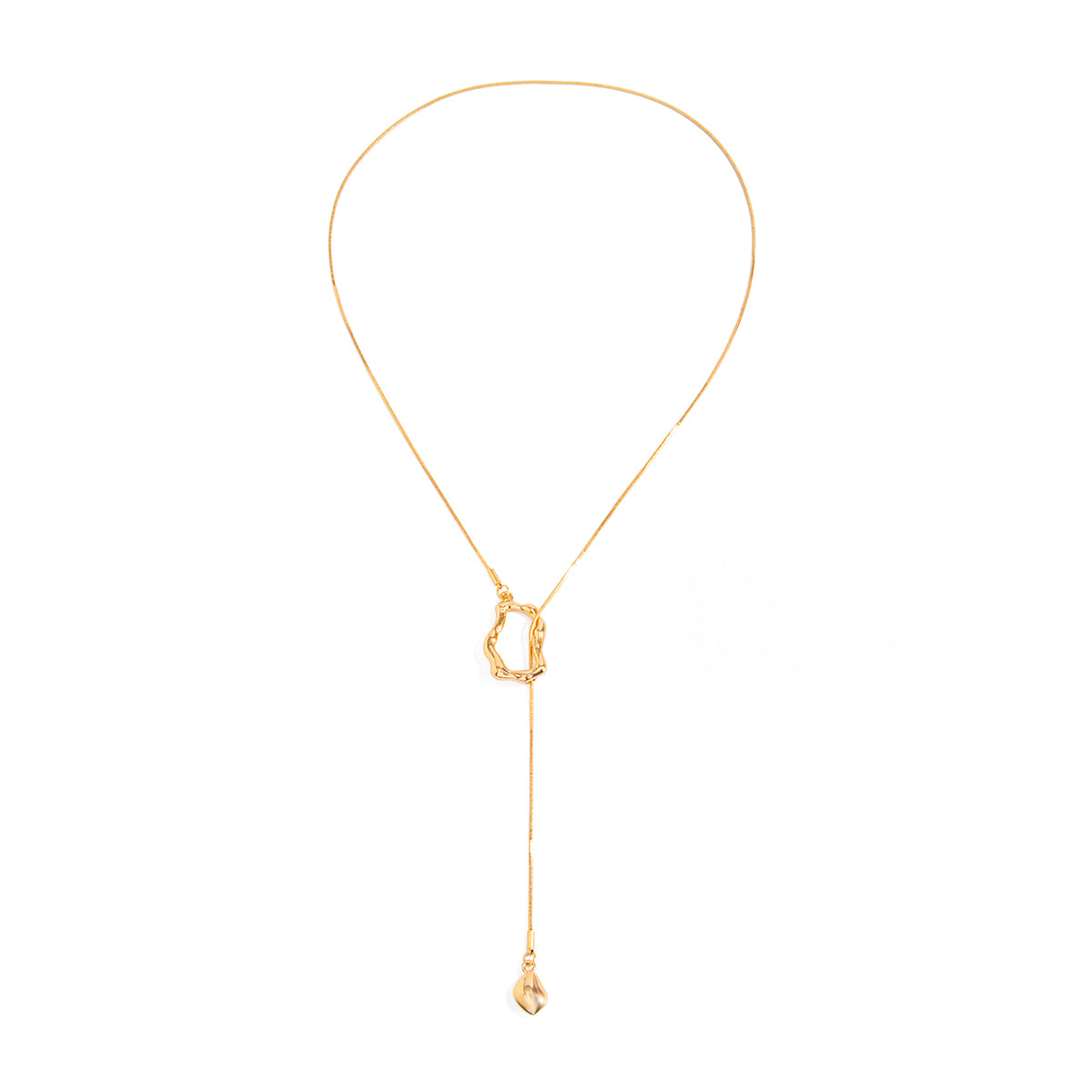 Goldtone Open Irregular Lariat Necklace, botanical inspired, front view