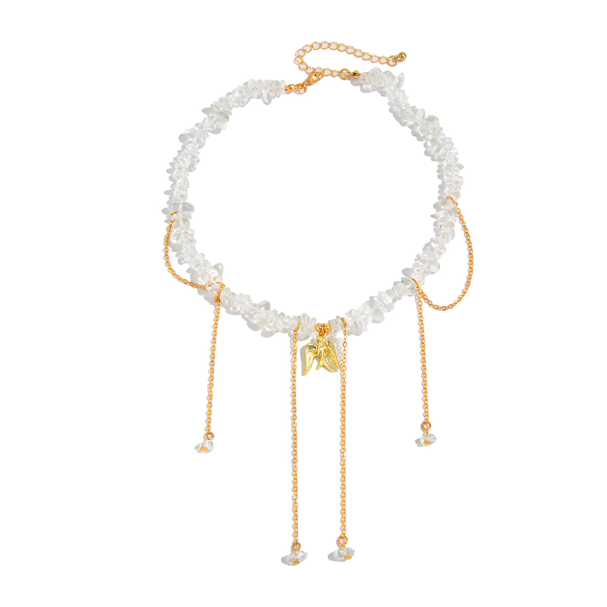 Clear Resin and Goldtone Swallow Pendant Tassel Necklace, everyday style, front view