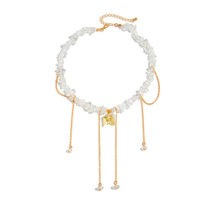 Clear Resin and Goldtone Swallow Pendant Tassel Necklace, everyday style, front view