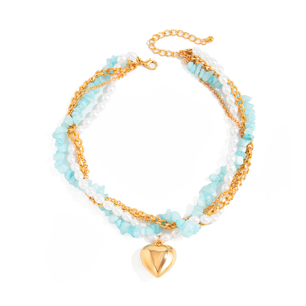 Blue Resin and Pearl Goldtone Heart Pendant Layered Necklace, elegant gift for her, front view