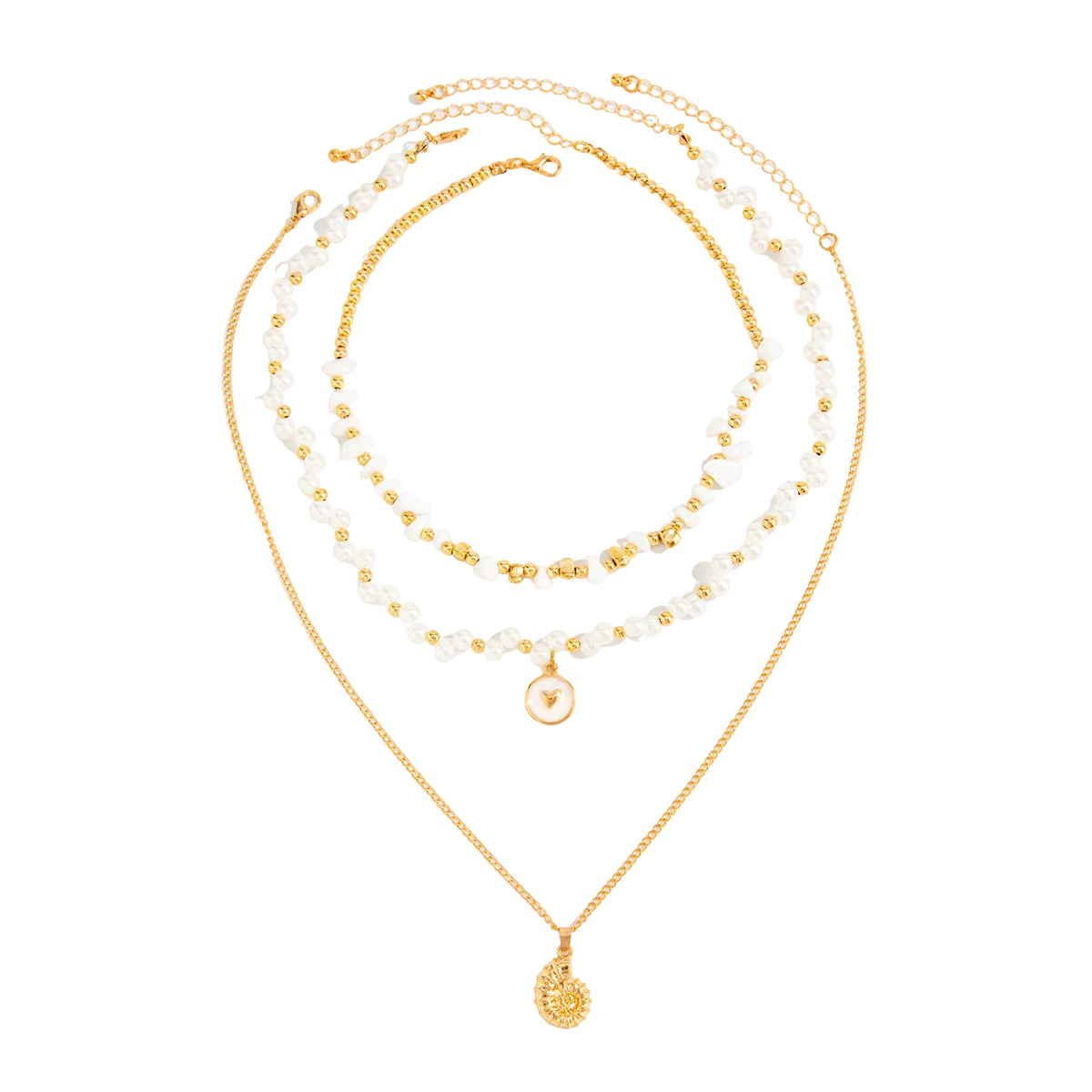 Pearl and Turqouise Enamel Goldtone Conch Pendant Necklace Set, gold pendant necklace for women, front view