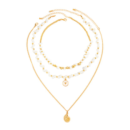 Pearl and Turqouise Enamel Goldtone Conch Pendant Necklace Set, gold pendant necklace for women, front view
