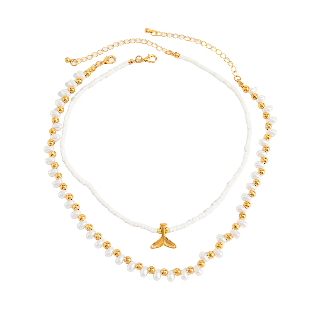 Pearl and Howlite Goldtone Fishtail Pendant Necklace Set, gold pendant necklace for women, elegant gift for her, front view