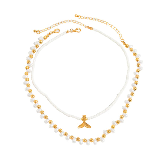 Pearl and Howlite Goldtone Fishtail Pendant Necklace Set, gold pendant necklace for women, elegant gift for her, front view