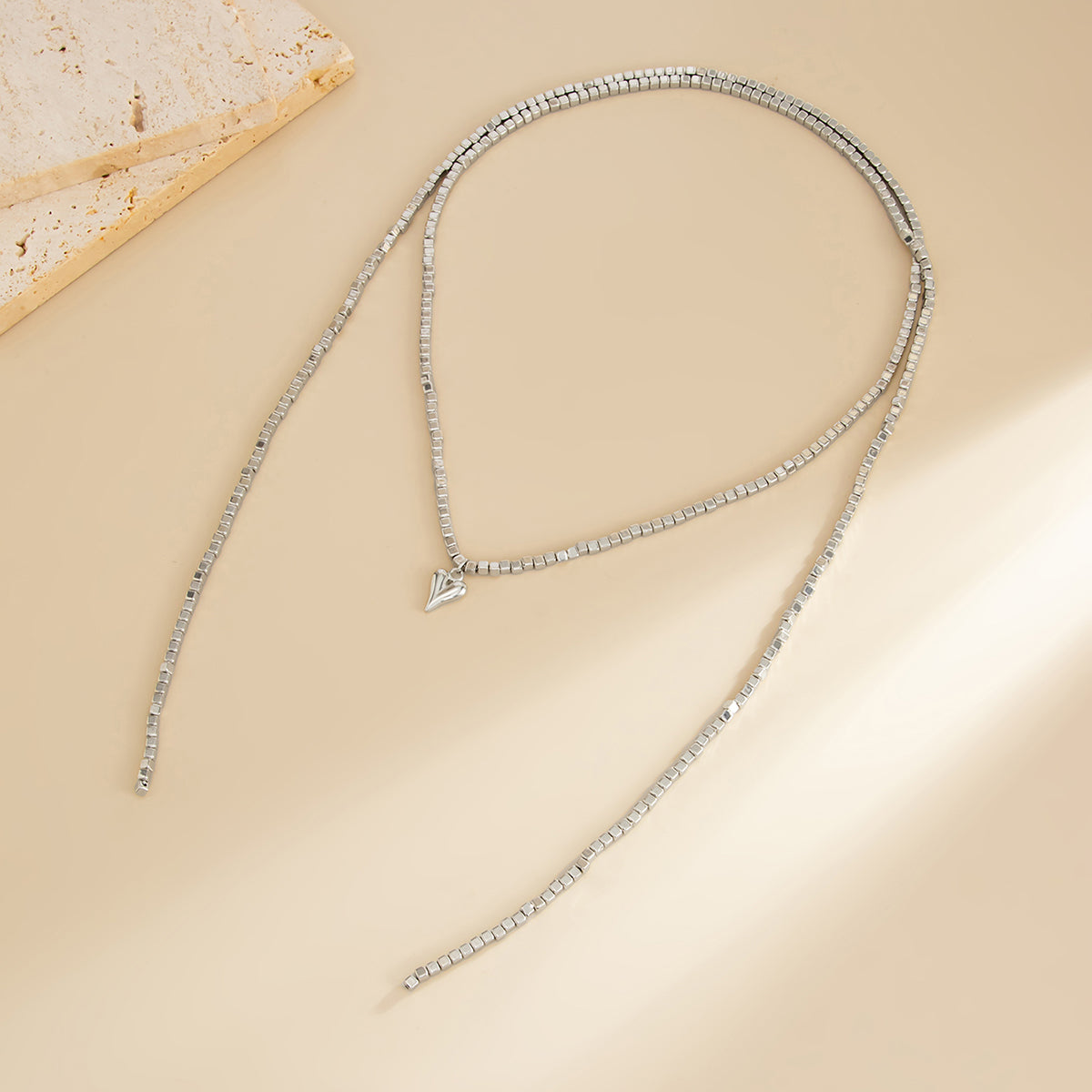 Silvertone Bead Chain Small Heart Pendant Toggle Necklace, dainty minimalist design, side view
