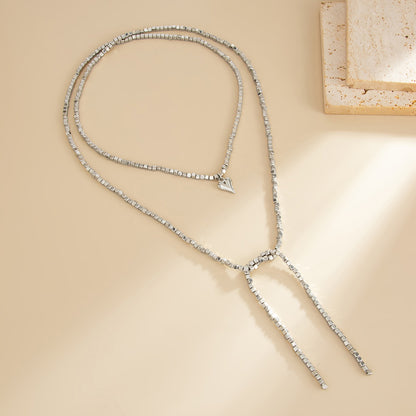 Silvertone Bead Chain Small Heart Pendant Toggle Necklace, dainty minimalist design, detail close-up