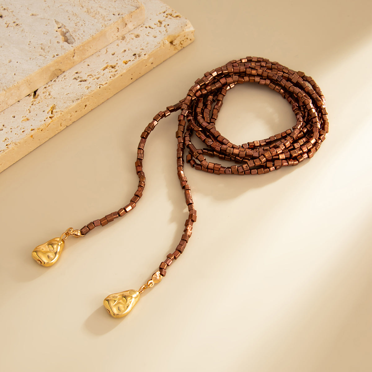 Brown Acrylic and Goldtone Bead Chain Drop Necklace, dainty minimalist design, side view