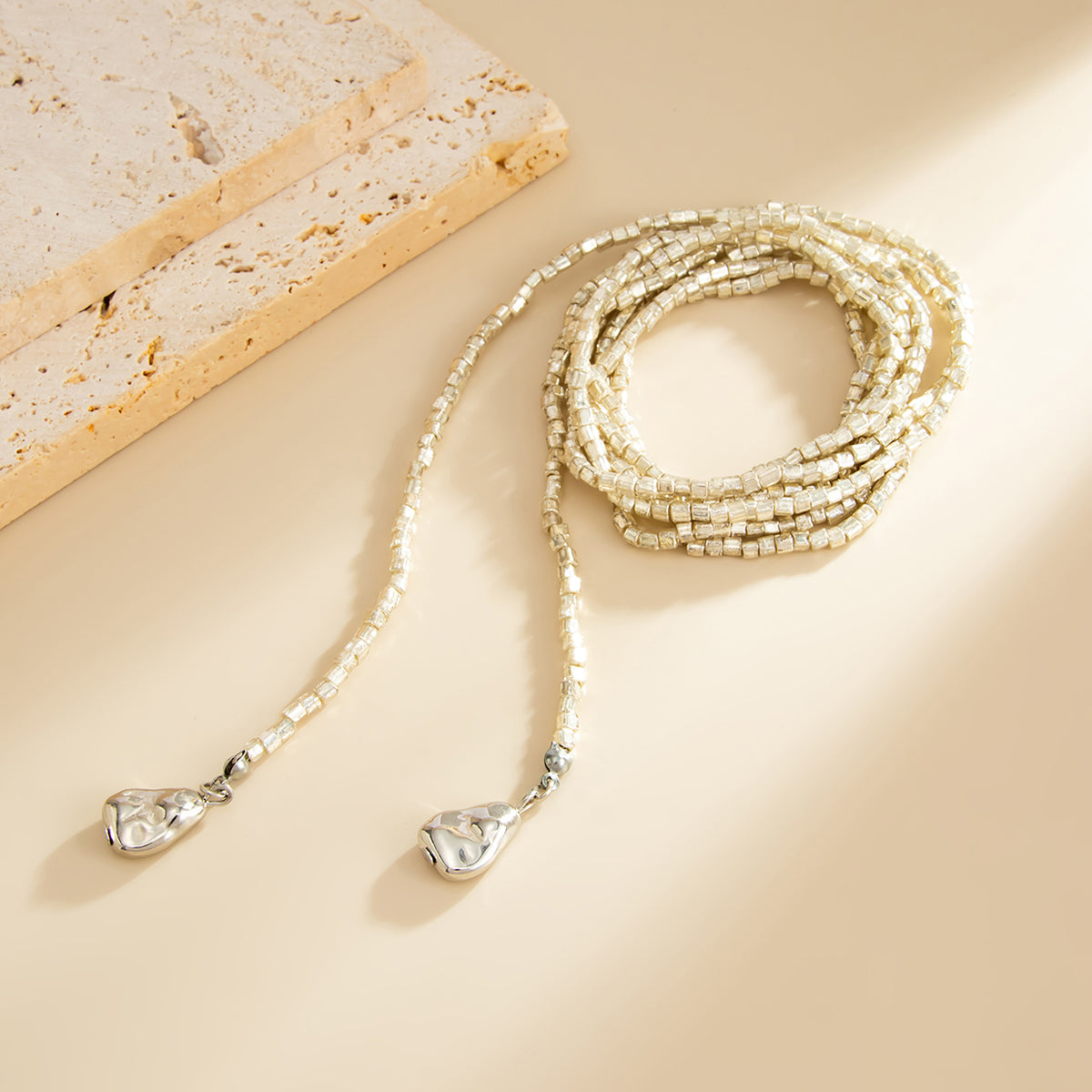 Silver Acrylic and Silvertone Bead Chain Drop Necklace, vintage-inspired design, side view