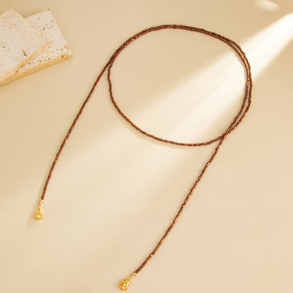 Brown Acrylic and Goldtone Bead Chain Drop Necklace, dainty minimalist design, detail close-up