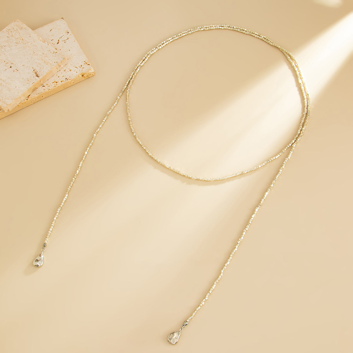 Silver Acrylic and Silvertone Bead Chain Drop Necklace, vintage-inspired design, detail close-up