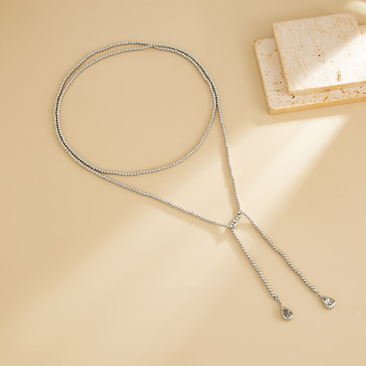Silvertone Drop Bead Chain Necklace, elegant gift for her, side view