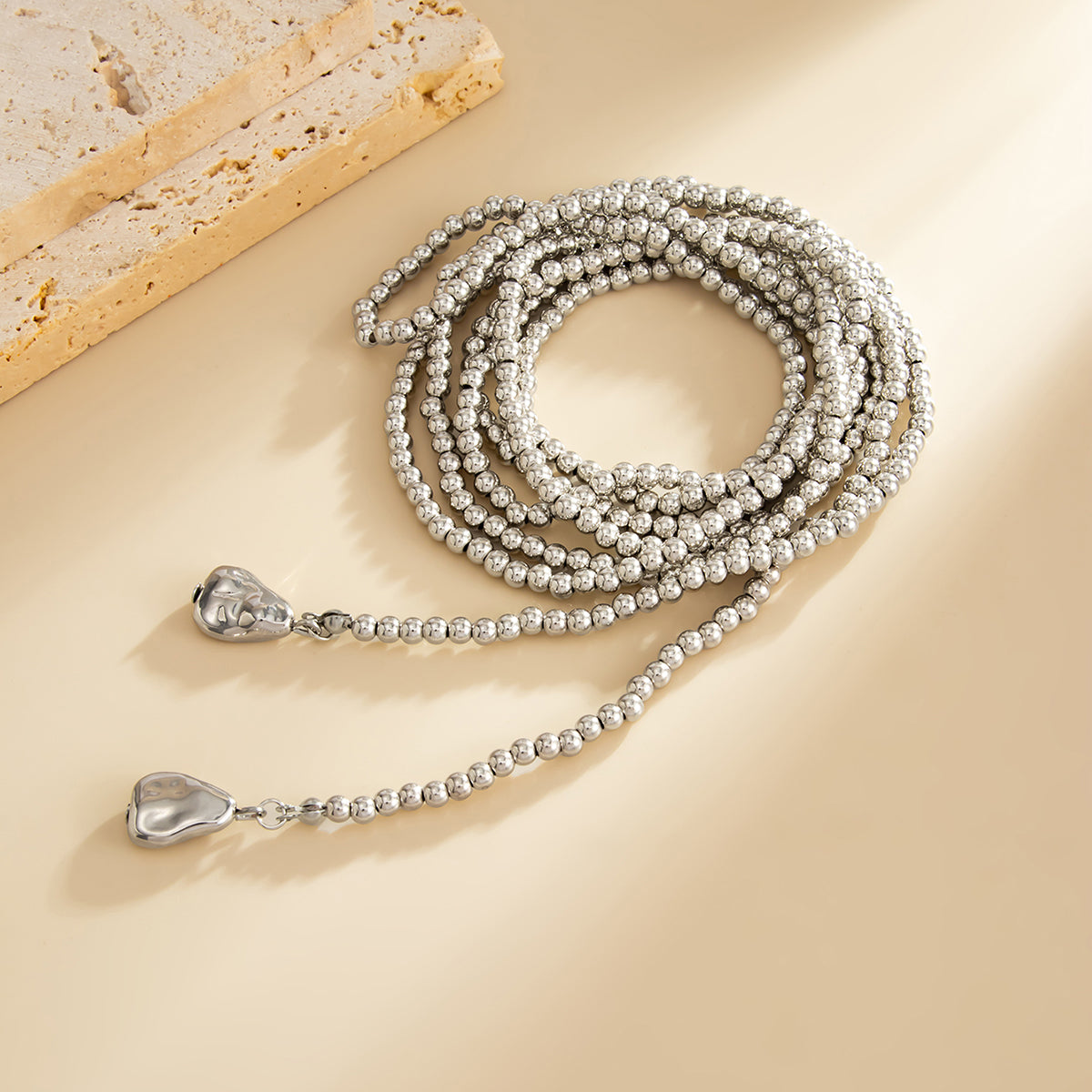 Silvertone Drop Bead Chain Necklace, elegant gift for her, detail close-up