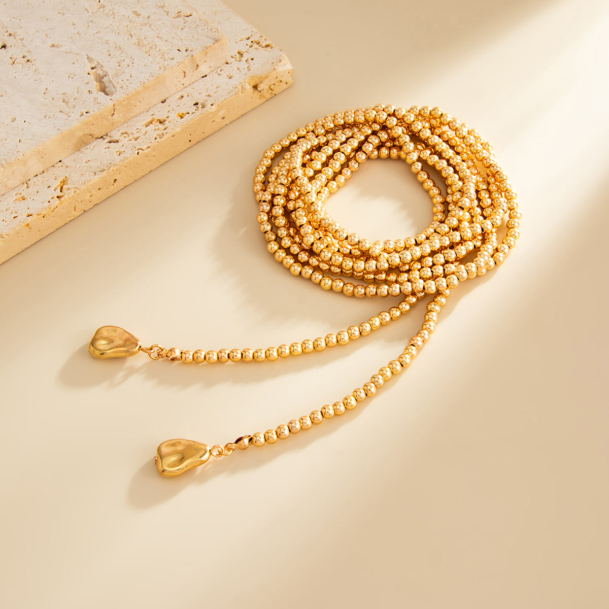 Goldtone Drop Bead Chain Necklace, everyday style, detail close-up
