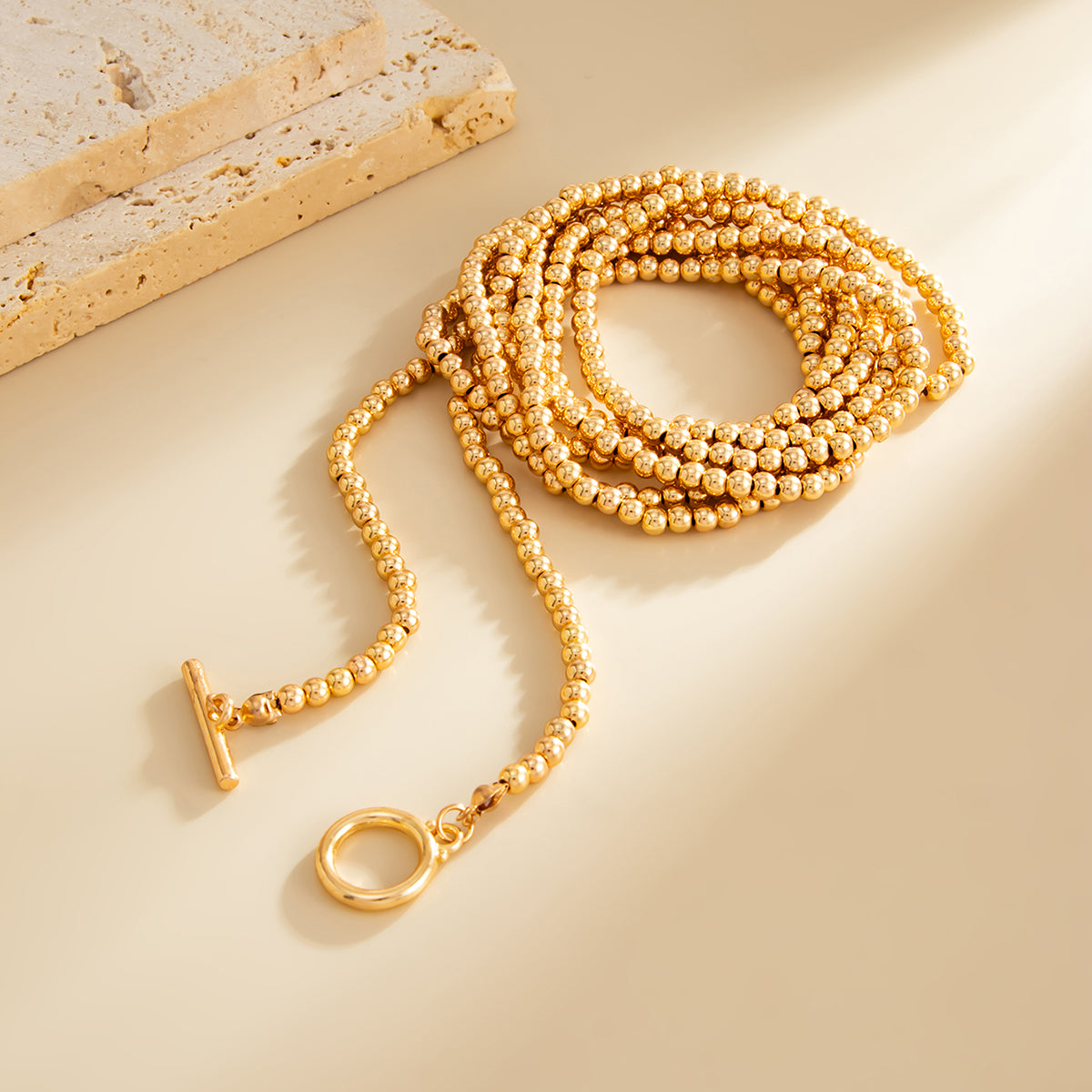 Goldtone Bead Chain Toggle Necklace, dainty minimalist design, detail close-up