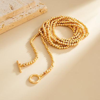 Goldtone Bead Chain Toggle Necklace, dainty minimalist design, detail close-up