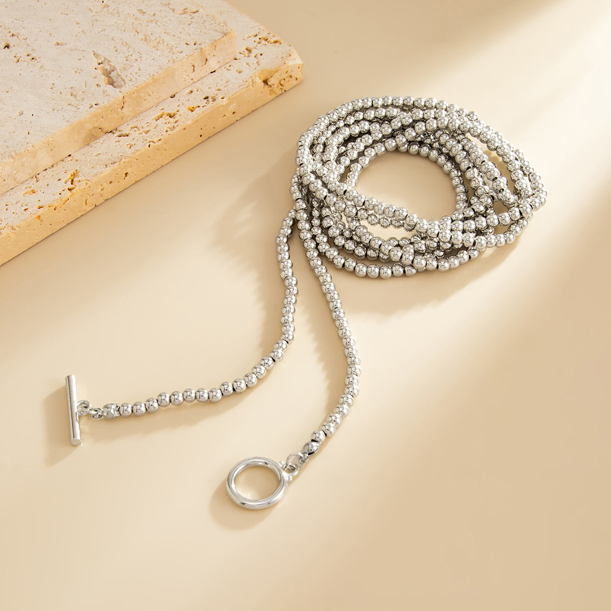 Silvertone Bead Chain Toggle Necklace, botanical inspired, detail close-up