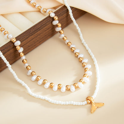 Pearl and Howlite Goldtone Fishtail Pendant Necklace Set, gold pendant necklace for women, elegant gift for her, side view
