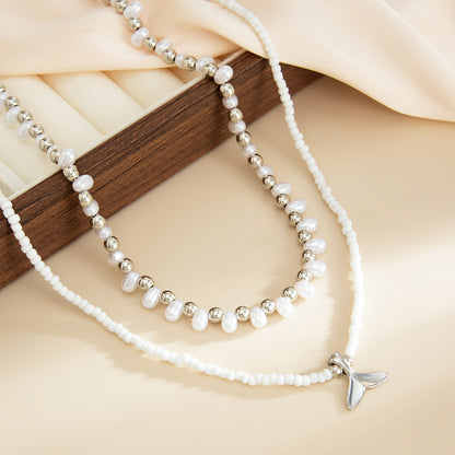 Pearl and Howlite Silvertone Fishtail Pendant Necklace Set, silver pendant necklace for women, side view