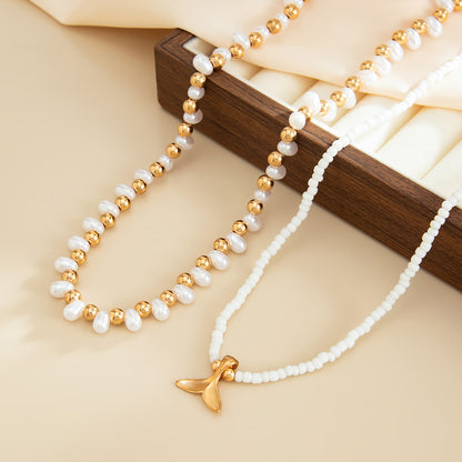 Pearl and Howlite Goldtone Fishtail Pendant Necklace Set, gold pendant necklace for women, detail close-up