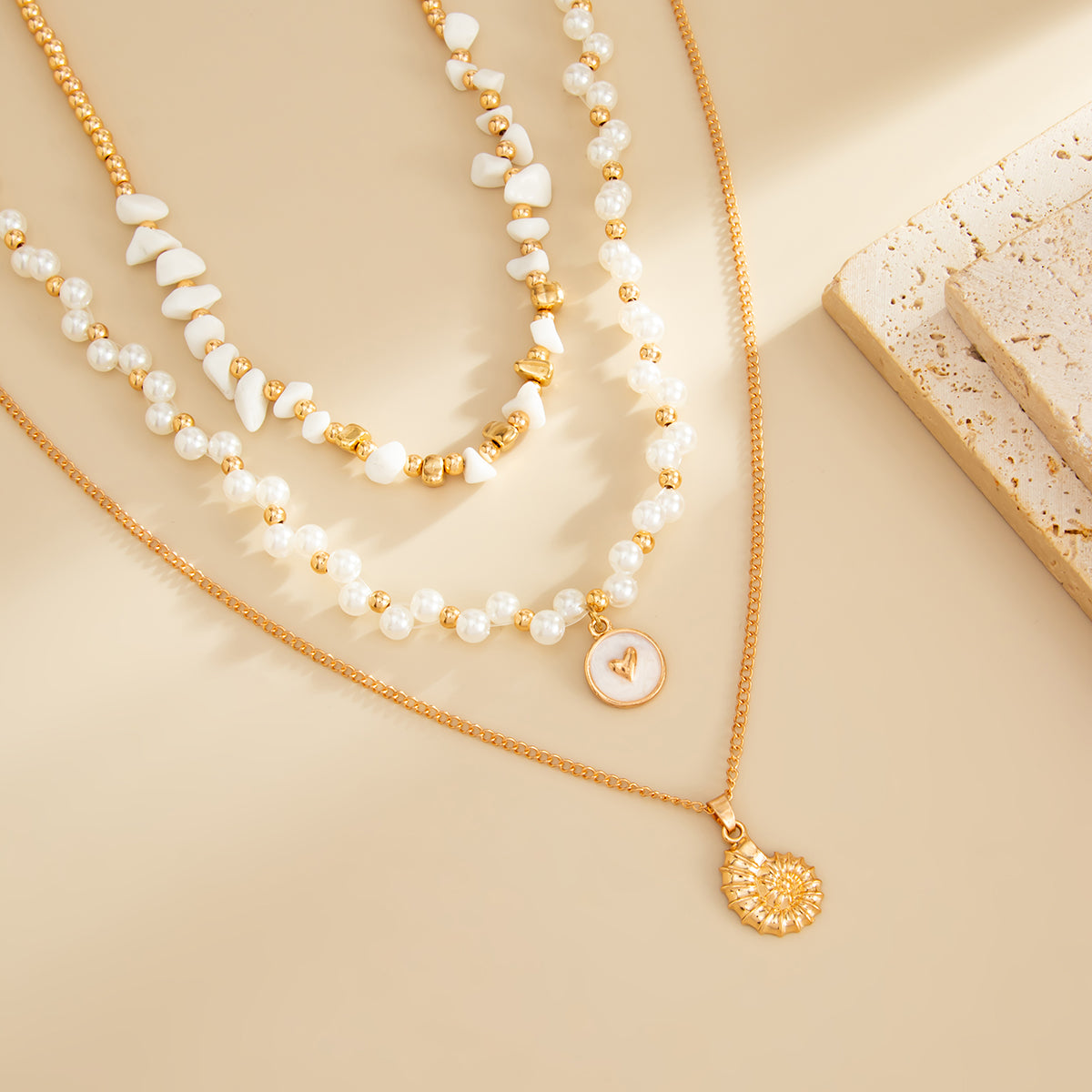 Pearl and Turqouise Enamel Goldtone Conch Pendant Necklace Set, gold pendant necklace for women, side view