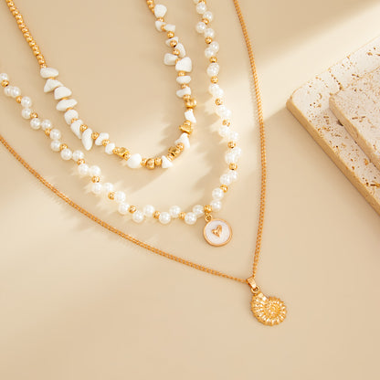 Pearl and Turqouise Enamel Goldtone Conch Pendant Necklace Set, gold pendant necklace for women, side view
