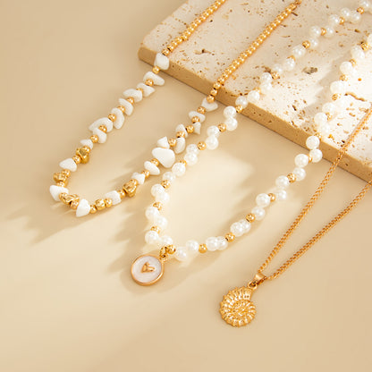 Pearl and Turqouise Enamel Goldtone Conch Pendant Necklace Set, gold pendant necklace for women, detail close-up