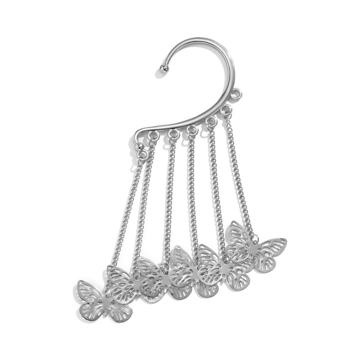 Silver-Plated Butterfly Tassel Ear Cuff, silver drop earrings for women, botanical inspired, front view