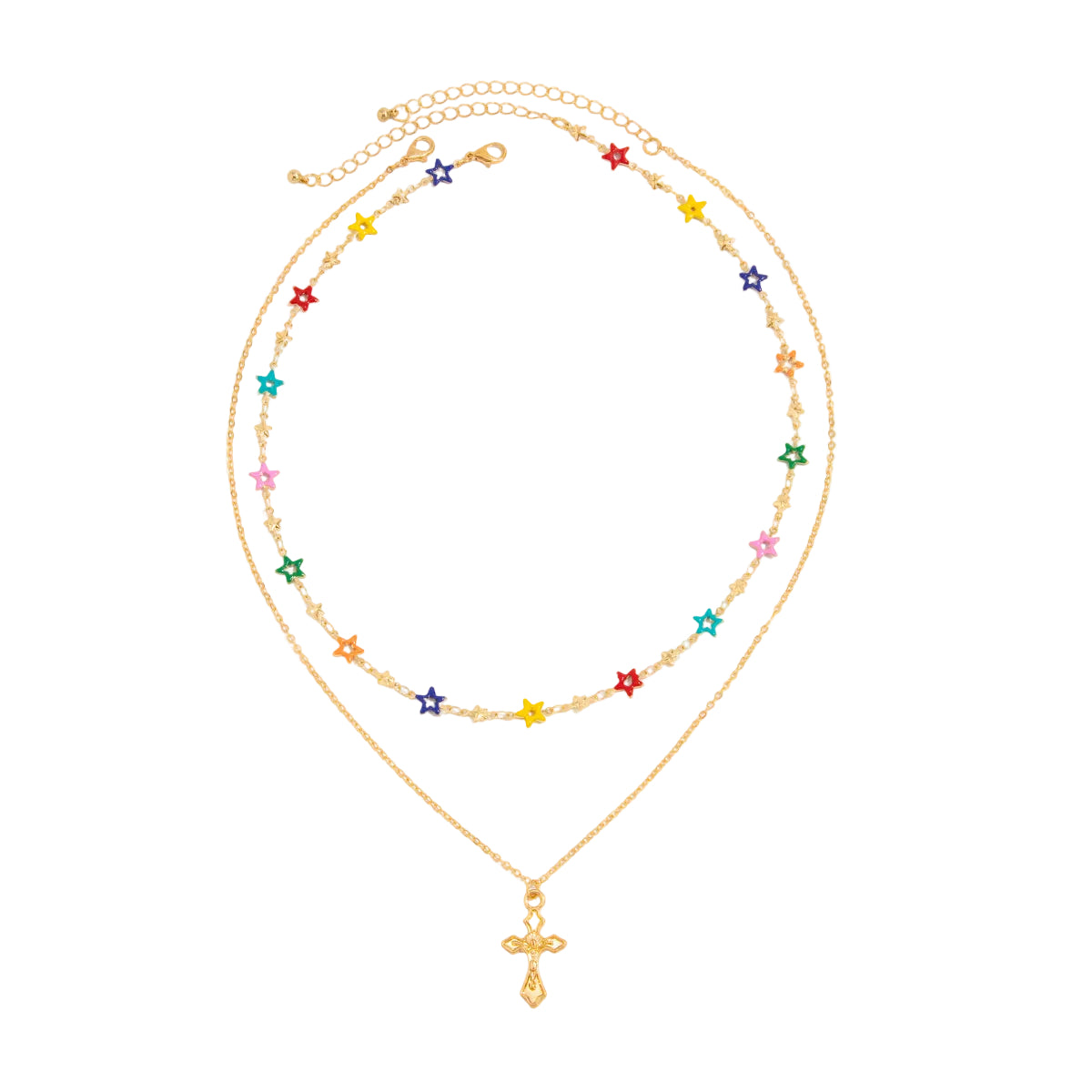 Multi-Colored Enamel and Goldtone Star Station Cross Pendant Necklace Set, gold pendant necklace for women, front view