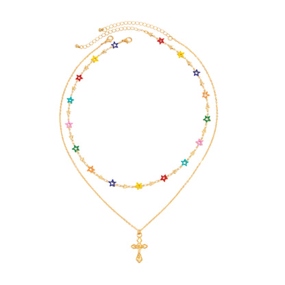 Multi-Colored Enamel and Goldtone Star Station Cross Pendant Necklace Set, gold pendant necklace for women, front view