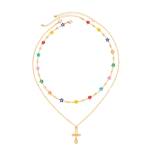 Multi-Colored Enamel and Goldtone Star Station Cross Pendant Necklace Set, gold pendant necklace for women, front view