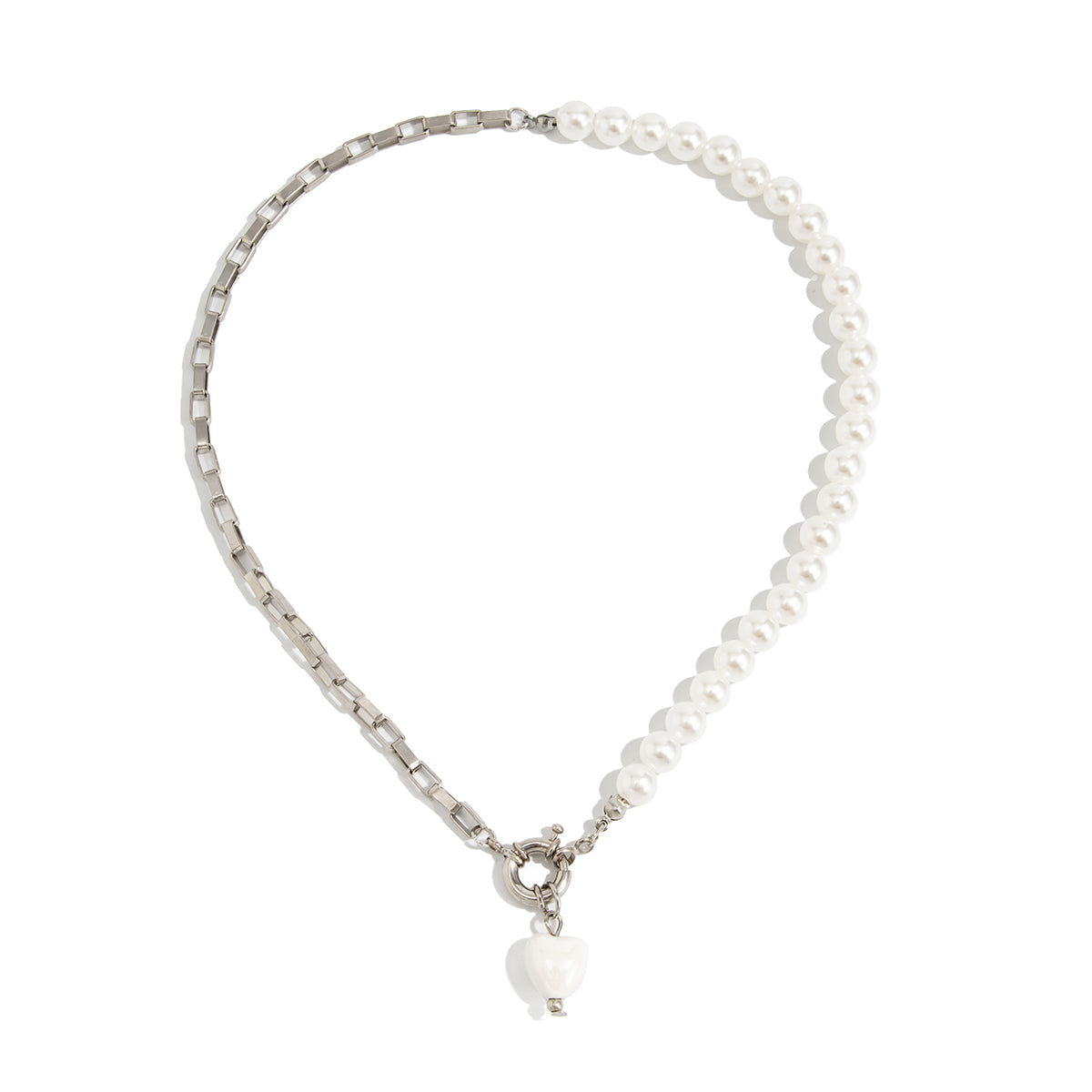 Pearl and Resin Silvertone Heart Pendant Patchwork Necklace, everyday style, front view