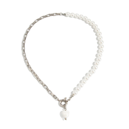 Pearl and Resin Silvertone Heart Pendant Patchwork Necklace, everyday style, front view