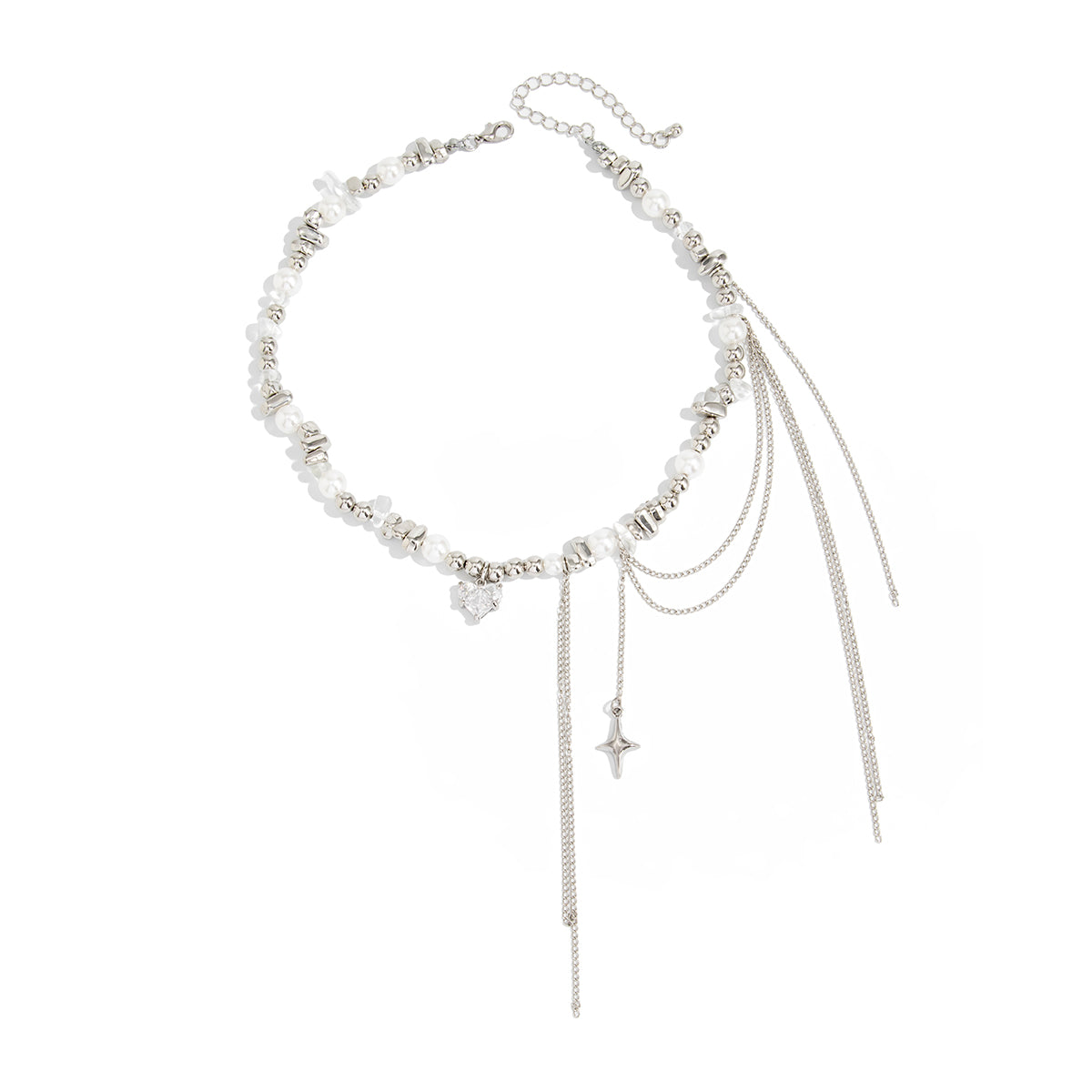 Clear Resin and Crystal Pearl Silvertone Heart Pendant Tassel Necklace, botanical inspired, front view