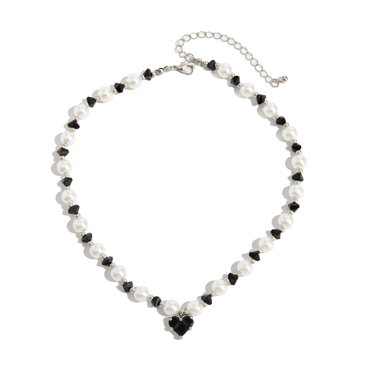 Black Acrylic and Crystal Pearl Silvertone Bead Chain Heart Pendant Necklace, dainty minimalist design, front view