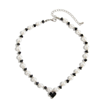 Black Acrylic and Crystal Pearl Silvertone Bead Chain Heart Pendant Necklace, dainty minimalist design, front view