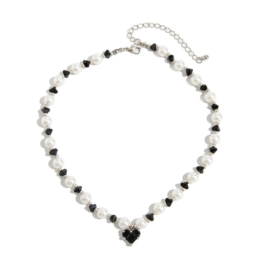 Black Acrylic and Crystal Pearl Silvertone Bead Chain Heart Pendant Necklace, dainty minimalist design, front view