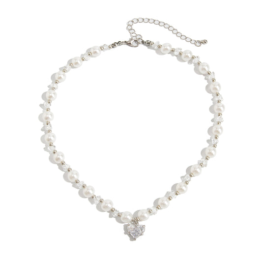 Clear Acrylic and Crystal Pearl Silvertone Bead Chain Heart Pendant Necklace, botanical inspired, front view