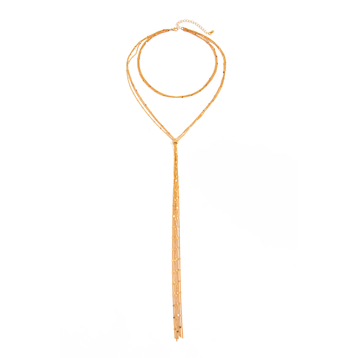 Goldtone Multi-Strand Drop Tassel Necklace, elegant gift for her, front view