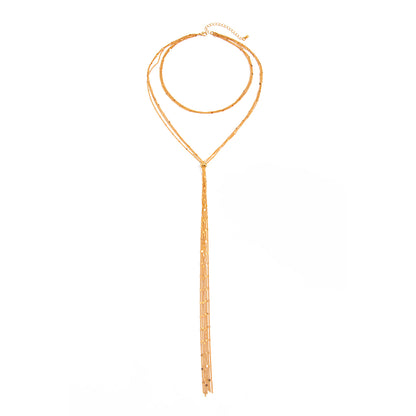 Goldtone Multi-Strand Drop Tassel Necklace, elegant gift for her, front view