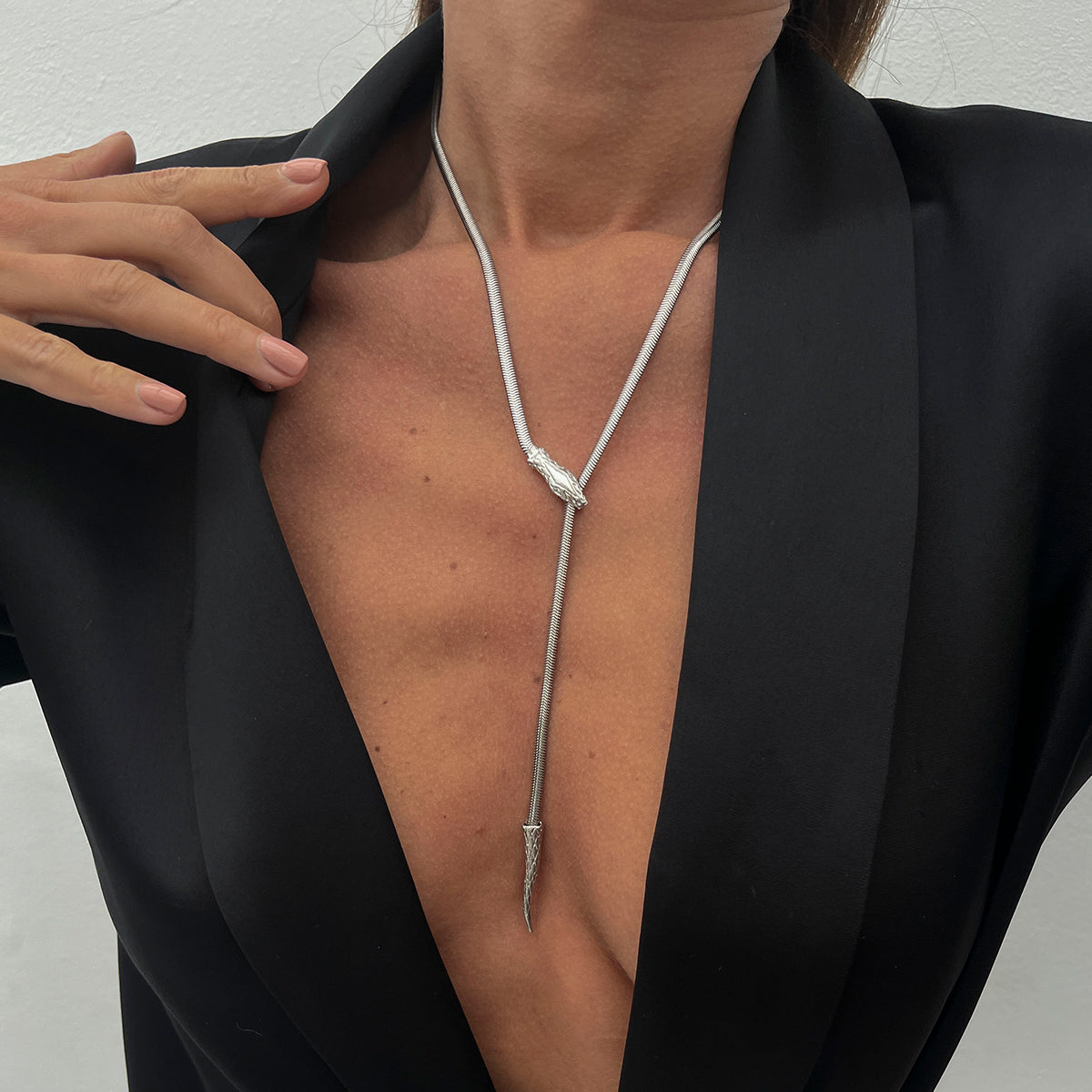 Silvertone Herringbone Chain Snake Lariat Necklace, botanical inspired, lifestyle look
