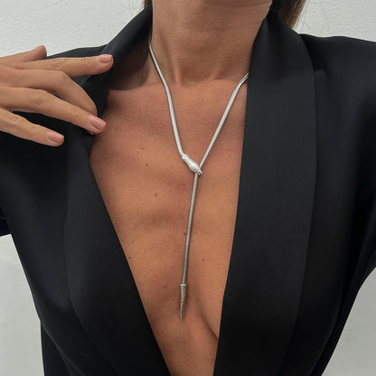 Silvertone Herringbone Chain Snake Lariat Necklace, botanical inspired, lifestyle look