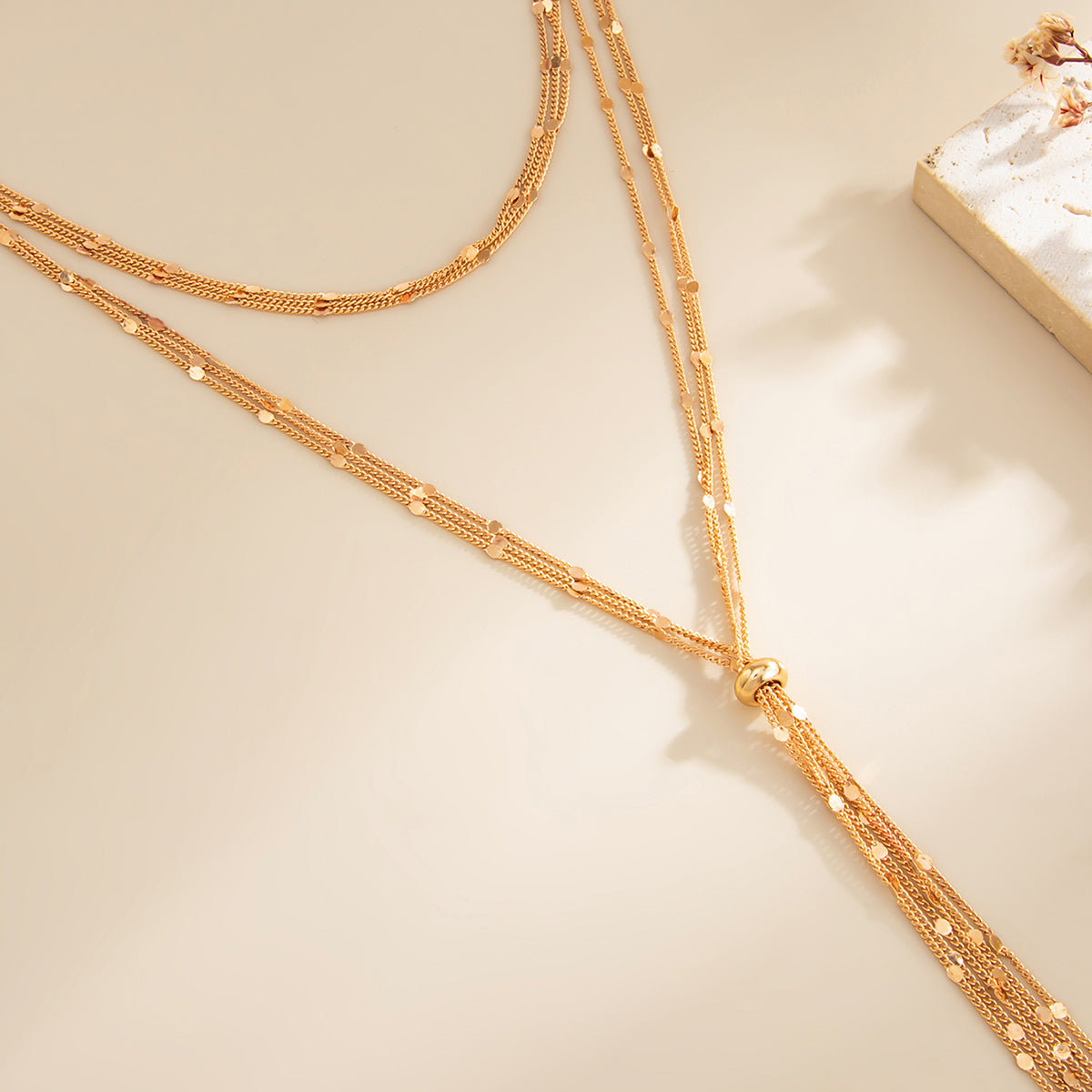 Goldtone Multi-Strand Drop Tassel Necklace, elegant gift for her, side view