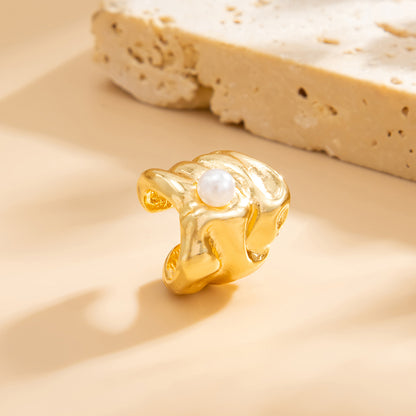Pearl and Goldtone Wrinkled Ear Cuff, botanical inspired, side view